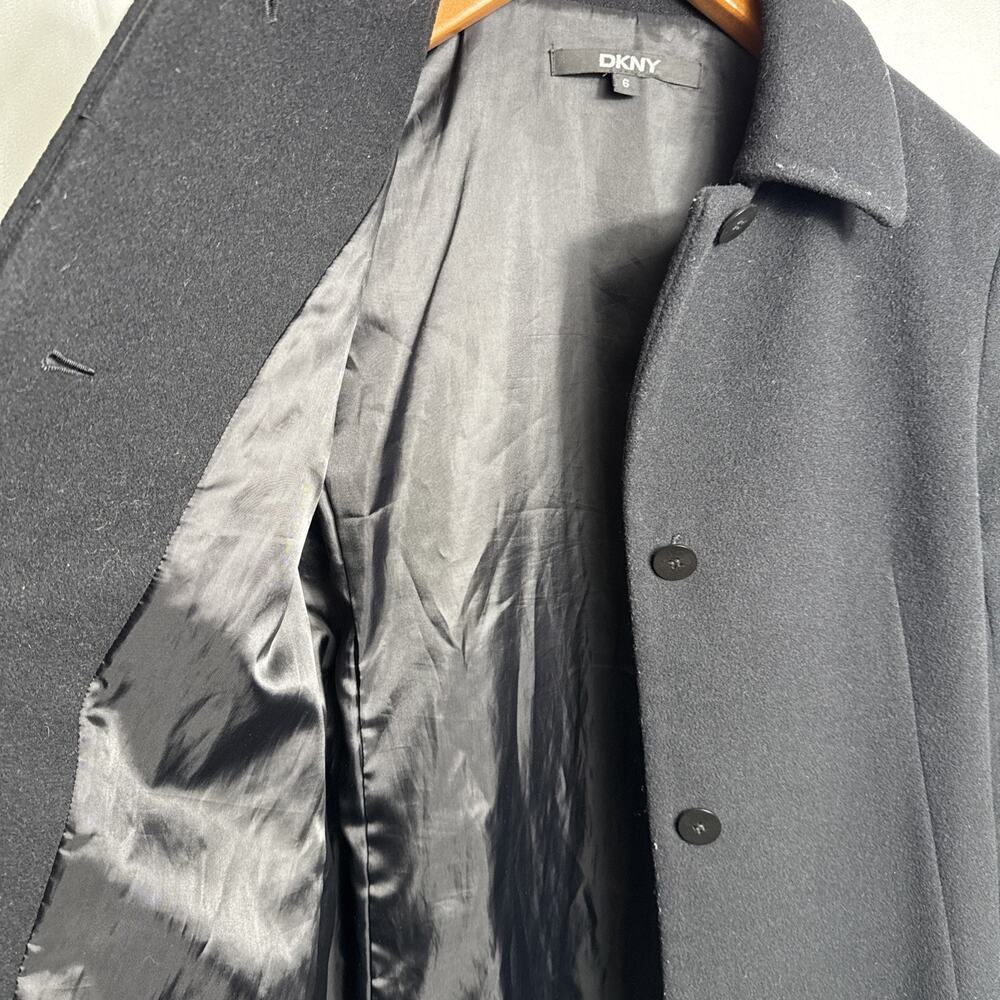 DKNY Long Black Wool Coat Size 6 Medium Tailored Fit Hidden Buttons Pockets - Picture 9 of 11